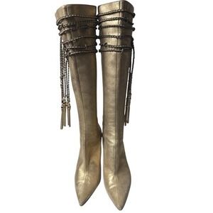 Jimmy Choo Y2K Knee High Boots Braided Tassel Metallic Gold 40